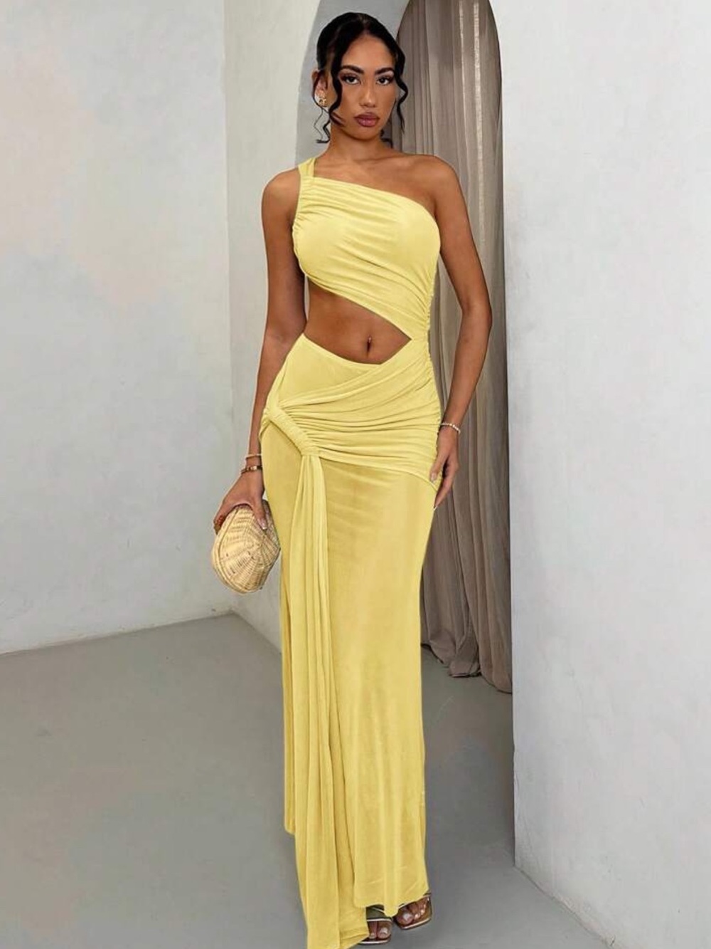 One-Shoulder Cutout Maxi Dress in Yellow